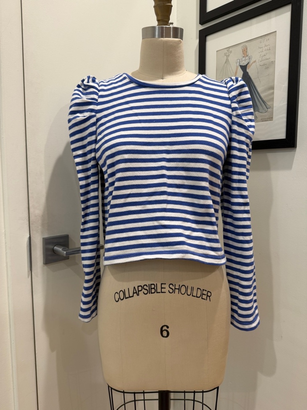 Rebecca Minkoff Blue & White Striped Puff-Sleeve Long Sleeve Top